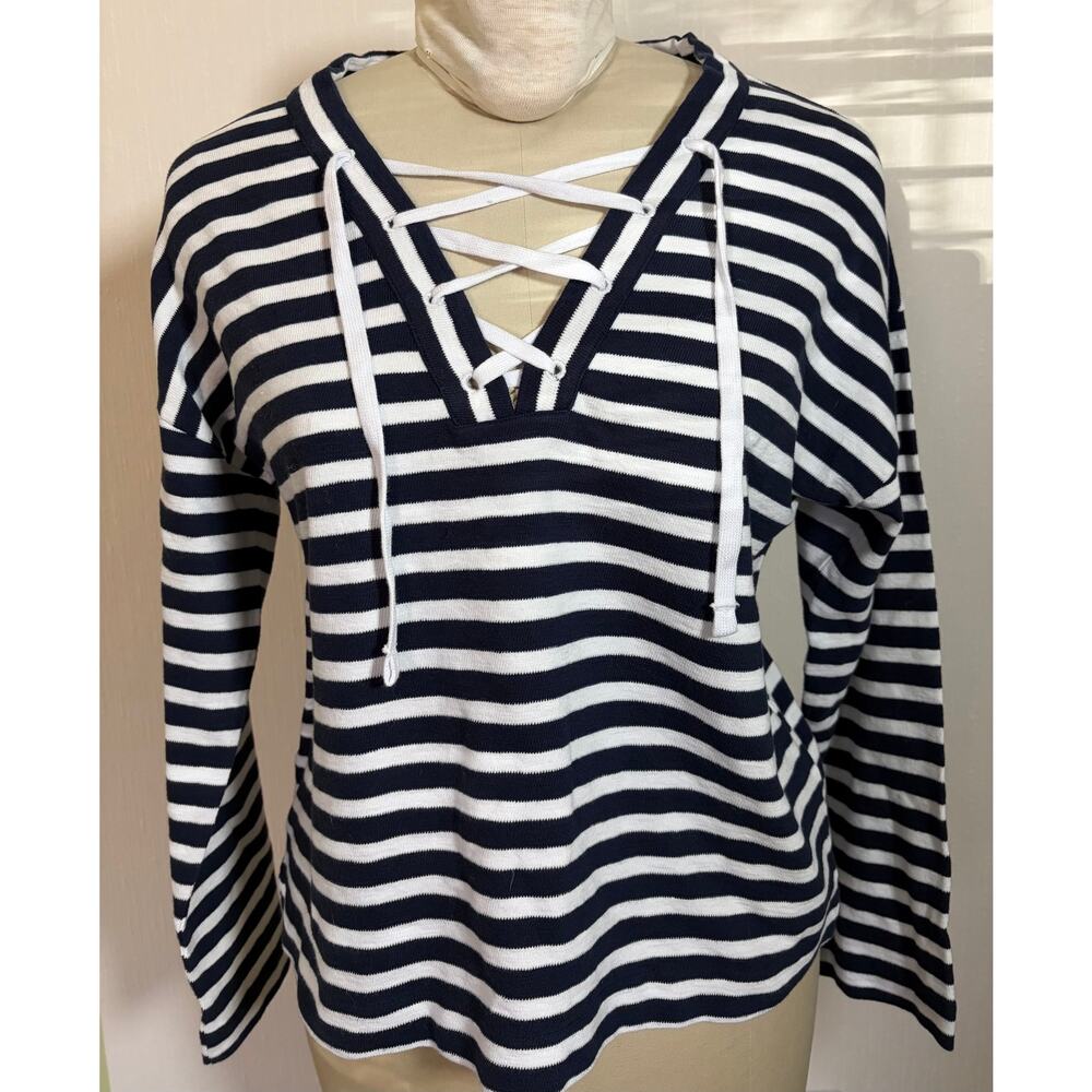 Madewell Lace Up Long Sleeve Tee Navy White Striped NWT Size S $72
